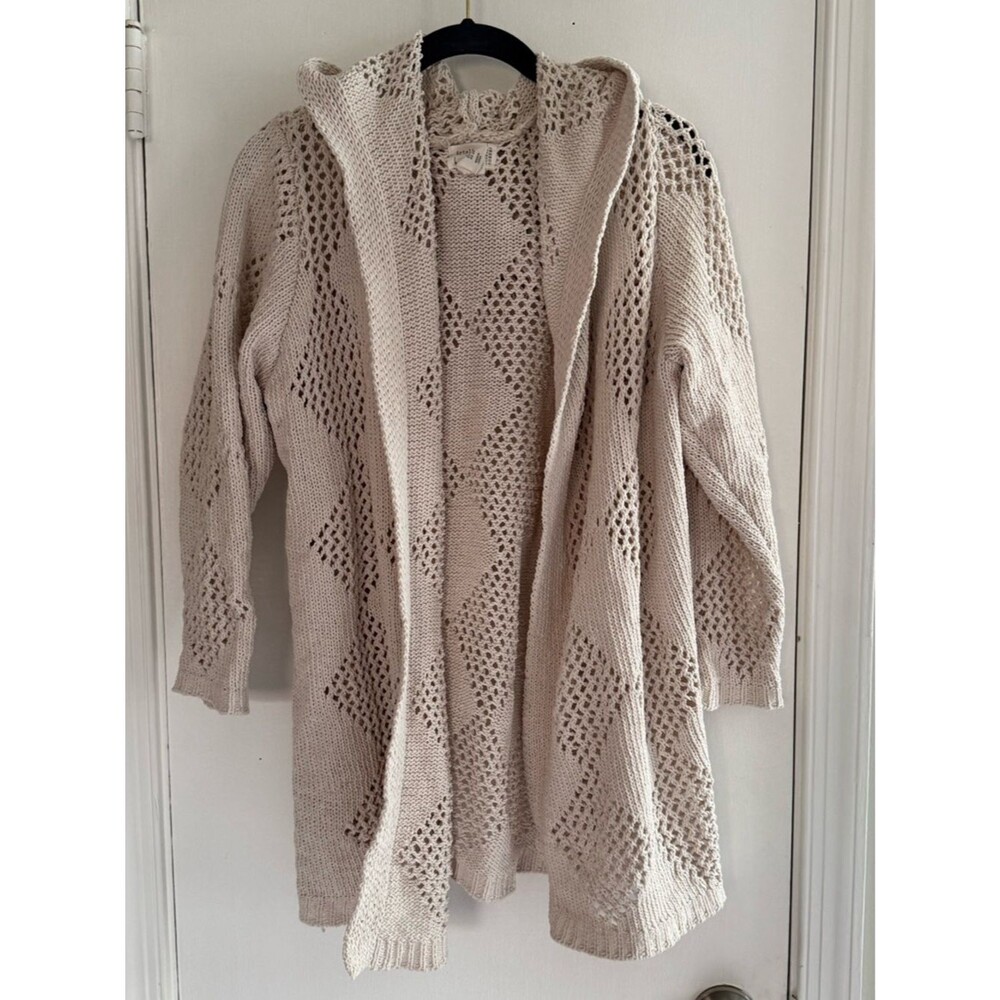Hooded Open-Knit Cardigan Sweater in Cream Size 1X